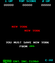 The title screen displays a three-line score panel at the top showing 1-UP, TOP SCORE, and 2-UP columns, all reading 000000. Below in red text centered on a black background are the words "NEW YORK" repeated twice, followed by white text reading "YOU MUST SAVE NEW YORK FROM ZED". At the bottom left, green text credits "SIGMA ENT. INC. ©1980" while "C-00" appears in green in the bottom right corner. The overall color palette uses red, white, and green text against a black background in a simple arcade title screen layout.