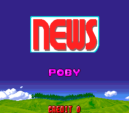 The title screen displays a large red "NEWS" logo centered at the top against a white rectangular background on a purple field. Below it, "POBY" appears in magenta text. The lower half shows a horizontal landscape scene with pixelated graphics: bright green grass in the foreground, a row of dark green trees in the middle distance, blue sky, and white clouds rendered in low-resolution sprites typical of early 1990s arcade hardware. Yellow text reading "STAGE 1" is positioned in the center-right of the landscape area.