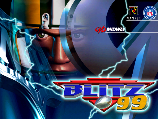 The title screen displays a three-dimensional rendered football helmet in the center-left, illuminated with cyan and orange lighting and surrounded by electric blue lightning bolts. The large text "BLITZ '99" appears center-right in bold blue letters with a metallic football graphic integrated into the design. Red "MIDWAY" branding is positioned in the upper right, alongside the Players logo and NFL shield. The background features a dark gradient with layered geometric shapes and additional electric effects. The overall art direction uses 3D rendering with neon-colored accents typical of late-1990s arcade aesthetics.