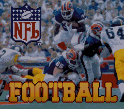 The NFL Football title screen displays the official NFL shield logo in the upper left corner with a white star pattern background. Large orange pixelated text reading "FOOTBALL" dominates the lower portion of the screen. Behind the text, a dynamic action scene shows multiple football players in blue and orange uniforms engaged in a play, with one player carrying the ball while others attempt to tackle. The background features a crowded stadium with spectators rendered in smaller pixels. The overall composition uses a limited color palette typical of SNES-era graphics, with blue, orange, white, and yellow as primary colors.