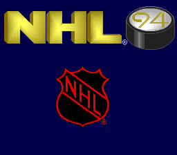 The title screen displays 'NHL' in large yellow pixelated letters in the upper left, alongside a hockey puck rendered in grayscale. Below the text sits the official NHL shield logo outlined in red on a dark blue background. The logo features the characteristic crest shape with 'NHL' text centered within it.