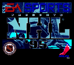 The NHL 95 title screen displays the game logo prominently in the upper half, rendered in large blue letters with red accents and a stylized hockey stick design. Below the logo sits a large teal-colored goaltender figure in full pads positioned centrally. A circular badge with the Stanley Cup emblem appears in the bottom left corner, while a red and blue hockey stick graphic occupies the bottom right. The background uses a dark navy blue with abstract geometric shapes and digital effects typical of early 1990s SNES sports game aesthetics.