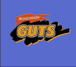 The Nickelodeon GUTS logo dominates the center of a solid blue background. The text 'GUTS' appears in large orange and yellow letters with a black shadow effect, while 'NICKELODEON' is displayed in smaller orange text on a red rectangular banner above it. A stylized black splatter or ink blot shape extends behind and below the logo, giving it a dynamic, explosive appearance typical of 16-bit SNES title screens.