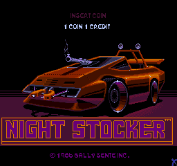 A bright orange and red futuristic race car with angular geometry and black accents dominates the center of the image against a black background. The title "NIGHT STOCKER" appears below in large purple letters with a blue outline and gradient effect. Above the car, text reads "INSERT COIN" and "1 COIN 1 CREDIT" in small red letters. At the bottom, copyright information for Bally/Sente is displayed in green text. The overall composition uses a limited palette of orange, purple, blue, and black typical of mid-1980s arcade graphics.