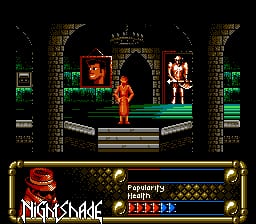 A red-robed ninja character stands in the center of a stone dungeon room with brown brick walls and green floor tiles. Two skeletal enemies flank the ninja on either side. A status bar spans the bottom of the screen displaying the game title "NIGHTSHADE" in gold lettering on the left, followed by health and energy bars. The dungeon architecture features darker stone pillars and arched doorways, with green torch-lit sconces mounted on the walls. The pixel art uses a limited color palette typical of NES-era graphics.