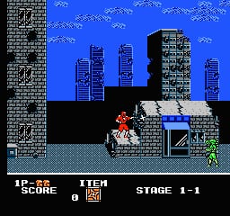 A ninja character in red stands on a stone platform mid-stage, facing right toward a green enemy sprite. A blue cityscape with tall buildings fills the background under a night sky. Stone brick walls frame both left and right edges. The HUD displays score, item count, and stage information at the bottom in white text on a black bar. Black silhouettes of buildings create a layered parallax effect behind the action area.
