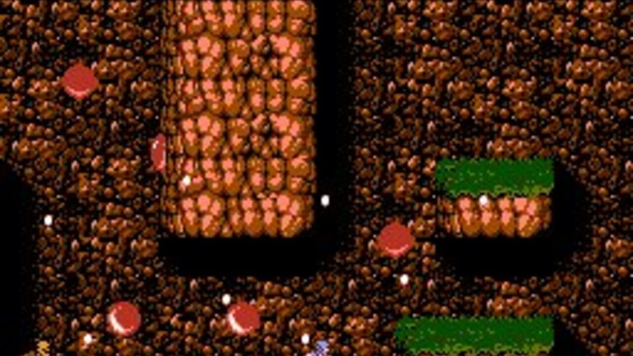 An underground cavern level displays brown rocky terrain with red spherical enemies scattered across the ground and white pixel sparkles marking item pickups. Two elevated platforms with green grass tops are positioned at top-right and center-right, connected by wooden lattice structures. A red ninja character sprite appears in the upper-left area near a vertical wooden gate or door structure with pink and tan coloring. The black background contrasts with the warm earth tones of the terrain and cool green of the grass platforms, using NES-era pixel art and a limited color palette typical of 8-bit action games.