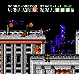 A ninja character in blue stands on a rooftop platform with white railings in the center of the screen. The level layout features brick buildings with arched doorways on the left and purple castle-like structures on the right. At the top, a status bar displays score (092200), stage information (1-1 P.2), timer (TIME:0400), and health bar with enemy indicator. The sprite-based graphics use an 8-bit color palette with parallax scrolling visible in the background layers. Orange barrels sit on the rooftop, and architectural details show multiple levels and platforms across the scene.