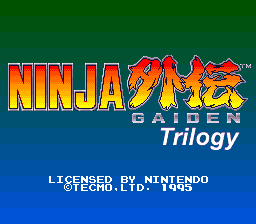 The title screen displays the Ninja Gaiden Trilogy logo in large red and yellow letters across the top, with a red ninja star symbol integrated into the design. Below the main title, the word "GAIDEN" appears in smaller text, followed by "Trilogy" in white script font. The background is a solid dark blue-green gradient. At the bottom, white text reads "LICENSED BY NINTENDO" and "©TECMO LTD. 1995", indicating the publisher and copyright information.