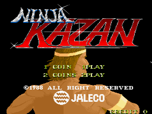 The Ninja Kazan arcade title screen displays the game's logo at the top in white and red lettering with a star graphic. Below are four menu options in yellow text: "1 COIN 1 PLAY", "2 COINS 1 PLAY", "1 COIN 2 PLAY", and "2 COINS 2 PLAY". A shirtless male fighter sprite with a tan complexion and dark hair is positioned in the center-right. Copyright text reads "©1988 ALL RIGHT RESERVED" with the Jaleco developer logo below. The background is solid black, and a small "HIGH SCORE" display appears in the bottom right corner.