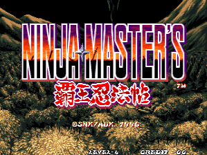 The arcade title screen displays "NINJA MASTER'S" in large purple and white outlined letters at the top, with Japanese characters below in red and white. A dark forest or natural landscape with brown and green tones fills the background. At the bottom, white text reads "©SNK/ADK, 1996" on the left and "LEVEL 1" and "CREDIT 0/00" on the right, indicating arcade credit and level information in a standard fighting game layout.
