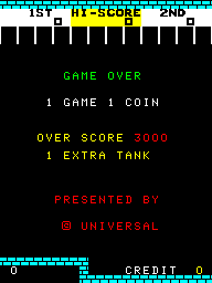 A game over screen displays centered text on a black background with a cyan pixelated border at top and bottom. Green text reads "GAME OVER" and "1 GAME 1 COIN", followed by yellow text stating "OVER SCORE 3000" and "1 EXTRA TANK". Red text below reads "PRESENTED BY" with "© UNIVERSAL" in red. A score display showing "CREDIT 0" appears in the lower right corner. The entire interface uses a simple, monospaced pixel font typical of early 1980s arcade games.