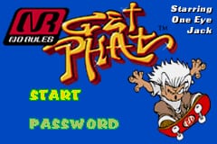 The title screen displays a large red and gold 'Get Phat' logo at the top center, with a blue background. Below the title, a cartoon character with white spiky hair and an aggressive expression appears in the lower right, wearing red and white. The GBA logo sits in the upper left corner. Green text reading 'START' and 'PASSWORD' are positioned in the lower left section. White text crediting 'Starring One Eye Jack' appears in the upper right area.