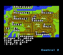A tactical map screen displays feudal Japanese regions with brown and green terrain tiles. Multiple white text labels identify territories including Nobunaga, Echizen, Oda, Imagawa, and others scattered across the map. The top-left shows a blue sky area transitioning to the tan landmass. Pixel art sprites representing daimyo leaders are positioned on various regions. At the bottom, a menu panel displays character or lord information with white text on a darker background. The HUD shows "Control 2" in the lower right corner. The entire display uses a 16-bit NES color palette with limited color variety typical of late 1980s strategy games.
