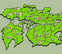 A pixelated map of Japan displayed in green fills the screen, divided into numbered provinces ranging from 1 to 60+. Black lines separate each territorial region, and the map is rendered in NES-era 8-bit graphics with a light beige background. Province numbers are positioned within their respective regions in white text, creating a grid-like strategic view typical of turn-based strategy gameplay.