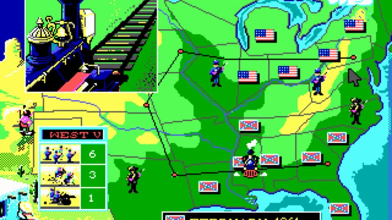 A tactical map of the United States displays the Civil War battlefield with American flags marking positions across multiple states. The left side shows a steam locomotive in an inset window with a troop strength panel labeled 'WEST V' displaying three unit formations with numerical values of 6, 3, and 1. Soldiers are stationed at various locations on the green map, connected by black supply lines. Blue water bodies outline the coastlines and Great Lakes. The bottom displays a red Confederate flag icon near the center, indicating an active battle position.