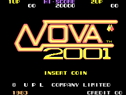 The arcade title screen displays a large golden and orange "NOVA 2001" logo in the center, with decorative line elements above and below. The top of the screen shows score displays reading "TOP 60" and "2OP 60" on left and right sides, along with "HI-SCORE" and score value "20OP" in the middle. Yellow text reading "INSERT COIN" appears below the logo. At the bottom, copyright text reads "© UPL COMPANY LIMITED" with additional text on the right side. The background is solid black, and the entire design uses a pixel-art style typical of early 1980s arcade games.