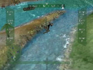 A helicopter hovers above a tropical coastline with turquoise water and sandy beach. A military vessel sits in the water to the left. The HUD displays altitude, speed, and weapon information on the left and right edges in yellow text. Crosshairs mark the center of the screen. The 3D terrain is rendered with low polygon count and muted earth tones typical of N64 graphics.