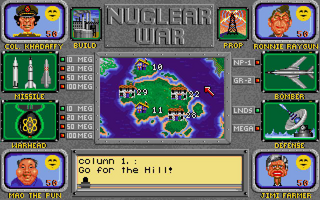 A tactical strategy screen displays a purple-tinted world map with labeled regions and military units. The interface features character portraits in small boxes along the top and bottom edges, a text panel in the center showing "COLUMN 1 GO FOR THE KILL!", and green radar/status panels on the left and right sides listing numerical values. The overall layout uses a gray background with bright green and purple accents, typical of early DOS-era strategy games with low-resolution sprite graphics and text-based UI elements.
