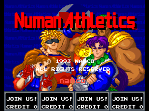 The title screen displays "Human Athletics" in large red text against a dark blue background. Three muscular athletes in brown and red clothing are positioned in the upper half, depicted in a stylized arcade sprite art style. Below the title, white text reads "1993 NAMCO" and "Rights Reserved." Four identical lines of text reading "JOIN US! JOIN US! JOIN US! JOIN US!" in yellow appear at the bottom, each followed by "CREDIT 00" in white, representing credit or player selection prompts. The overall visual uses a limited 16-bit color palette typical of early 1990s arcade cabinets.