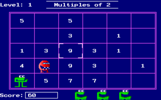 A grid-based puzzle game displays Level 1 titled 'Multiples of 2' with a 6x5 layout of blue cells containing white numbers. A red-orange character sprite sits on a cell in the fourth row, second column. Cells show values including 5, 3, 1, 4, 9, and 7 in various positions. The bottom of the screen shows a score display reading '00', a black status bar, and three green enemy sprites. The interface uses a dark blue background with magenta cell borders and white text.