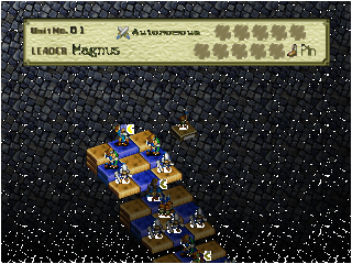 A tactical battle map displays a grid-based battlefield with a golden-brown terrain square in the center containing blue and orange unit formations arranged in rows. A starfield fills the dark background. The top-left corner shows a UI panel with white text reading "Quest Info: 01" and "Leader Magnus", with additional menu text visible. Unit sprites are rendered in low-resolution pixel art typical of N64-era graphics.