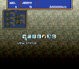 A status screen displays at the bottom with white pixel text reading "VIEW STATUS" centered on a dark background. Above it, a blue UI panel in the upper left shows "NO. 1 ARMY 5" with a 20000-unit counter and a small tactical map grid. The main background consists of a repeated tan and brown brick or stone tile pattern filling the middle section. Colored sprite icons for party members or units appear in a row, rendered in low-resolution 16-bit style against the textured backdrop.