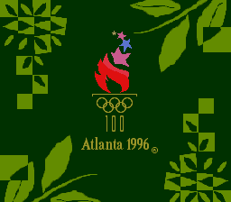A title screen for Olympic Summer Games displays a stylized red-and-black mascot character in the center, positioned above the Olympic rings emblem and text reading '100 Atlanta 1996 ®'. The background is dark green with geometric leaf and plant motifs arranged in the corners and edges, creating a symmetrical decorative border. The overall composition uses a limited color palette of green, red, black, and light green, typical of SNES-era graphics.
