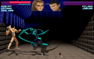 Two pixelated fighting robots face each other in an arena with gray brick walls. The robot on the left is tan and standing upright, while the cyan and dark-colored robot on the right is airborne in a kicked pose. A purple-blue digital background with vertical lines fills the upper area. Game status text appears in the top-left corner showing player names and health bars, with additional UI elements in the top-right. The floor is dark with a small red object visible near center-bottom.