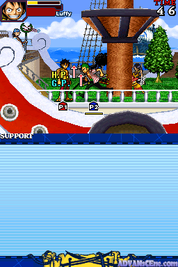 A One Piece battle interface displays a character sprite on the left side of the screen engaged in combat. The top UI shows red health bars for both the player and opponent, with numerical counters displaying 4 and 6. The background features a large wooden structure and green terrain with blue sky. A circular control dial occupies the bottom-left corner, while support icons appear at the bottom-center. The game uses colorful 2D sprites with detailed backgrounds showing parallax elements and a cloudy sky overlay.
