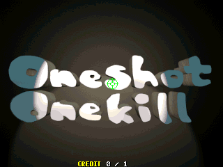 The title screen displays "One Shot One Kill" in large white blocky letters against a dark gradient background with concentric circular rings. Blue circular shapes appear behind and around portions of the text, creating a layered visual effect. At the bottom left corner, yellow text reads "CREDIT 0 / 1" in a standard arcade font. The overall color scheme uses dark tones with white text and blue accents typical of 1990s arcade hardware.