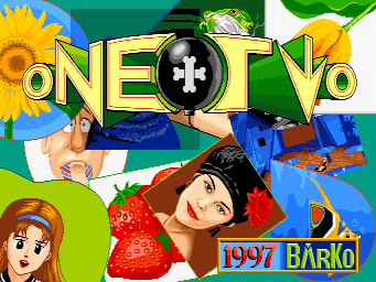 The title screen displays 'ONE+TWO' in large yellow lettering across the top center, with a plus symbol and circular emblem. Three illustrated female character faces are prominently featured in the lower half against a colorful background of green, blue, and yellow sections. A red strawberry appears centrally, while tropical foliage and geometric shapes fill the composition. The 'BARKO' developer logo and '1997' copyright year are positioned in the lower right corner. The art style uses bright, saturated colors and hand-drawn character artwork typical of 1990s arcade game aesthetics.