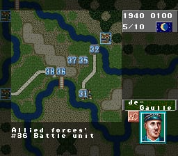 A tactical strategy map displays a European landscape with rivers, terrain, and numbered military unit positions. The top-left corner shows the date 1940 0100 with a turn counter reading 6/10. The right side features a character portrait labeled 'de Gaulle' with a small French flag icon next to it. Text at the bottom left reads 'Allied Forces' and 'SG Battle Unit'. The map uses a muted color palette of greens, browns, and grays typical of early 1990s SNES graphics, with white lines indicating roads or supply routes connecting various numbered positions across the tactical grid.