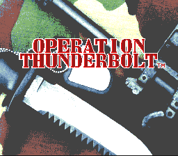 The title screen displays "OPERATION THUNDERBOLT" in large red text with white outline at the top center. Below the title, a close-up photograph of firearms and tactical equipment occupies the background, rendered in muted tones of black, gray, and brown. The image shows rifle barrels, a knife blade, and ammunition or tactical gear arranged at angles. The overall composition uses photorealistic imagery overlaid with the pixelated game title text, characteristic of mid-1990s SNES presentation.
