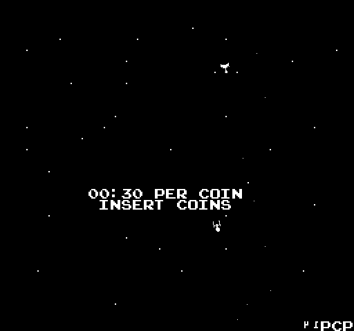 A black screen with white text reading '00:30 PER COIN' and 'INSERT COINS' centered on the display. Small white dots scattered across the upper portion suggest stars or space debris. A small white spaceship sprite appears in the upper-middle area. The PCP arcade logo is visible in the lower right corner. The overall aesthetic is monochromatic vector-style graphics typical of late 1970s arcade hardware.