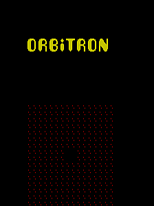 The title screen displays "ORBITRON" in yellow blocky letters at the top center against a black background. Below is a grid pattern of small dots arranged in a rectangular formation, occupying the lower two-thirds of the screen, rendered in a dark pixel art style typical of early 1980s arcade games.