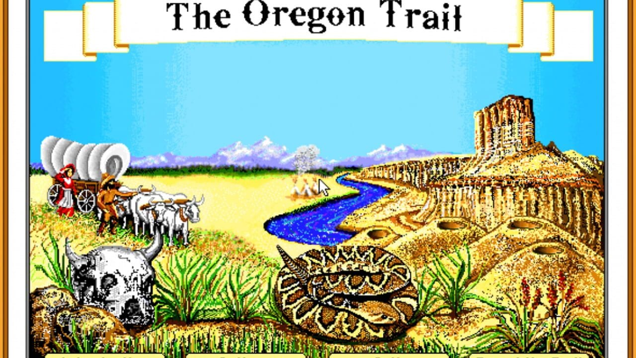 A colorful pixel art scene depicts a western landscape with "The Oregon Trail" title banner at top. On the left, a covered wagon drawn by oxen carries two pioneers in period dress. A skull rests in the foreground grass. A coiled snake occupies the lower right corner. A blue river winds through tan plains toward purple mountains in the distance. A tall wooden fort structure stands on the right horizon. The scene uses bright yellows, greens, and blues with detailed 8-bit sprite work typical of early DOS-era graphics.