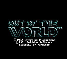 The title screen displays 'OUT OF THIS WORLD' in large cyan-outlined letters centered on a black background. Below the title is copyright text reading '© 1992 Interplay Productions © 1991 Delphine Software' with 'LICENSED BY NINTENDO' at the bottom. The text uses a thin, geometric font style typical of early 1990s SNES graphics with a sci-fi aesthetic. All text appears in white and cyan colors against the black screen.