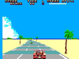 A red convertible car drives down a straight highway toward the horizon in a third-person perspective. The road features three lanes with white center markings and gray asphalt. A bright blue sky fills the upper portion with white clouds on the left, while yellow sandy terrain flanks both sides. A green palm tree stands on the right horizon. The HUD displays speed, time, and gear information across the top in red text. The visual style uses low-resolution sprite graphics with a bright color palette typical of 8-bit arcade conversions.
