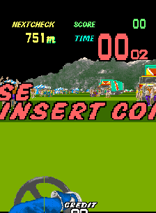 The title screen displays 'INSERT COIN' in large red pixelated text at the bottom. A 'CREDIT' counter appears in the lower left corner. At the top, a HUD shows 'NEXT CHECK 751m' in yellow, 'SCORE' in green, and a timer reading '00:02' in red digits. The background features a scaled blue race car viewed from above, positioned in the lower left, with a multi-lane highway stretching upward into distant green mountains and pixelated scenery in the middle distance. The overall composition uses a bright green grass color for the lower half of the screen.