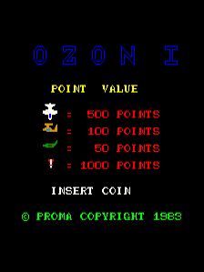 The title screen displays "OZON I" in blue pixelated text at the top. Below is a yellow "POINT VALUE" header followed by four colored sprite icons with point values in red: a white character worth 500 points, a yellow character worth 100 points, a red character worth 50 points, and a brown character worth 1000 points. At the bottom, white text reads "INSERT COIN" and a green copyright line states "© PROMA COPYRIGHT 1980". The background is solid black with arcade-style typography throughout.