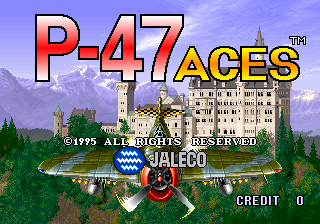 The title screen displays 'P-47 ACES' in large red and yellow letters at the top center. Below the title sits a medieval castle rendered in isometric perspective with green trees flanking both sides and a blue sky with clouds as the background. A circular emblem featuring a WWII-era P-47 aircraft silhouette and propeller design is centered below the castle. Copyright text reading '© 1995 ALL RIGHTS RESERVED' and 'JALECO' appears in the lower portion, with 'CREDIT 0' displayed in the bottom right corner. The entire scene uses bright, saturated colors typical of mid-1990s arcade hardware.