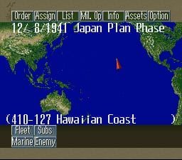 A world map interface displays the Pacific Ocean region with landmasses in green and water in dark blue. A red marker indicates the Hawaiian Coast location. The top menu bar shows operation list, turn date (12/6-8/1941), Japan Plan Phase, and player options. The bottom panel displays mission details including unit identification (C410-127), Hawaiian Coast location, fleet type, and marine enemy count in yellow text on dark background.