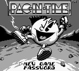 The title screen displays 'PAC-IN-TIME' in white pixelated letters at the top. Below, a large Pac-Man sprite with an open mouth dominates the center of a black and white lunar landscape with craters and rocky terrain. The text 'NEW GAME' and 'MISSIONS' appears in white at the bottom center. The overall art style uses simple monochrome pixel graphics typical of Game Boy hardware.