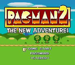 The title screen displays 'PAC-MAN 2' in large red and yellow lettering with a gold border at the top. Below reads 'THE NEW ADVENTURES' in white text. The background shows a blue sky with white clouds, a grassy landscape with three green bushes in the middle distance, and a darker green ground area. At the bottom, menu options appear in white text: 'GAME START', 'PASSWORD', and 'YSTEREO' (possibly 'STEREO'). The overall aesthetic uses bright colors and pixelated 16-bit sprites typical of early 1990s console graphics.