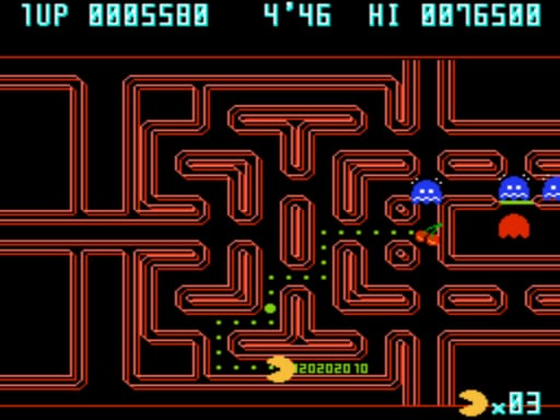 A maze-based game level displayed with red and orange neon-style corridors on a black background. Pac-Man, rendered as a yellow circle with a wedge mouth, occupies the center-lower portion of the playfield. Three ghosts in blue, pink, and red colors appear in the upper-right area. Green dots line the maze pathways as collectibles. The top HUD displays "1UP 0805580" on the left, game time "4'46" in the center, and "HI 0876500" on the right. A score value "0202010" appears near Pac-Man, with a lives counter showing "03" at the bottom right.