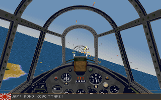 A first-person cockpit view of a military aircraft with a dark instrument panel containing multiple gauges and dials in the foreground. The canopy frame is rendered in dark gray metal with six panes, revealing a clear blue sky above and a distant horizon. The HUD displays various flight instruments including altitude, speed, and directional indicators. At the bottom left, a Union Jack flag and text reading "FORD FOCUS TRIAL" appears, indicating this is a DOS-era flight simulation with low-resolution 3D graphics and a light blue sky backdrop visible through the windscreen.