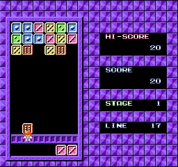 A purple checkerboard background fills the playfield with a grid of colored dice tiles displayed at the top. The main play area shows a black vertical column where dice pieces are stacked. On the right side, a black information panel displays score readouts labeled "HI-SCORE" and "SCORE" each showing 20 points, with "STAGE" and "1" visible below. The bottom left corner contains an orange rectangular UI element. The visual style uses 8-bit pixel graphics typical of early NES titles.