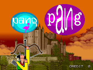 The title screen displays large magenta neon-style lettering spelling 'pANg' in the upper right, alongside cyan bubble text reading 'pang' in the upper left. A stone castle with tan walls and brown towers occupies the center-right background against an orange sunset sky. A yellow harpoon cannon sprite with a curved barrel points upward in the lower-left foreground. The background features a gradient from orange at the horizon to darker tones above. A 'CREDIT 0' indicator appears in the bottom-right corner. The overall aesthetic uses bright primary colors and low-resolution pixel art typical of early 1990s arcade hardware.