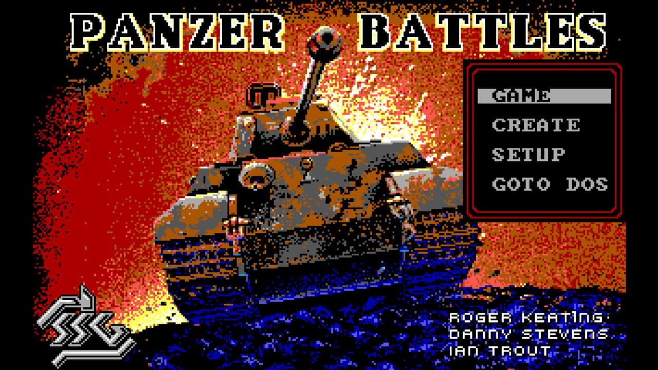 The Panzer Battles title screen displays a large pixelated tank with a rotating turret centered against a fiery red and orange explosion background. A menu box in the upper right lists options: GAME, CREATE, SETUP, and GOTO DOS, with GAME highlighted. The bottom of the screen shows credits for Roger Keatting, Danny Stevens, and Ian Trout. A stylized lightning bolt logo appears in the lower left corner. The overall color palette features warm reds, oranges, and yellows with blue accents, rendered in typical DOS-era pixel graphics.